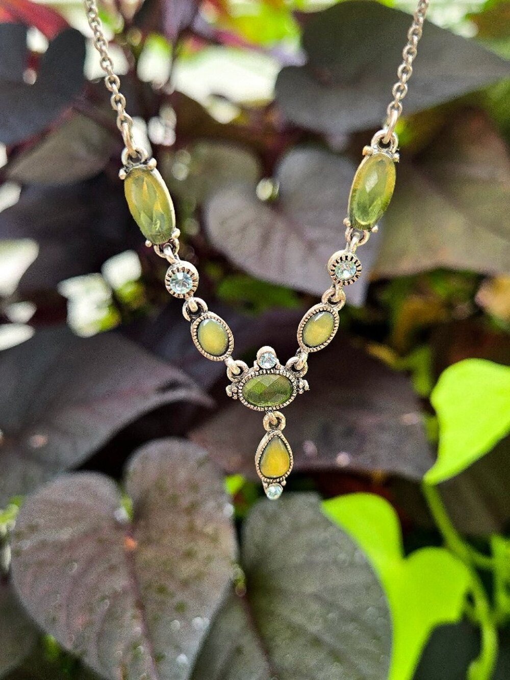 Vintage Sterling Silver Peridot & Blue Topaz Y-Drop Choker Statement Necklace